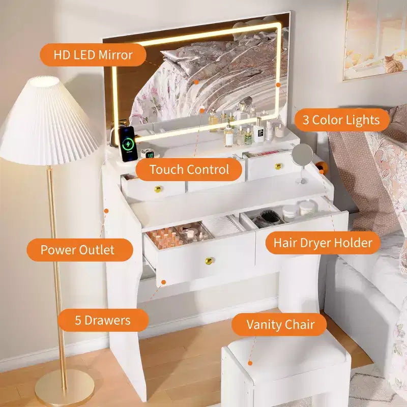 Tavolo da Trucco con Specchio e Sedia, 5 Cassetti, Supporto per Asciugacapelli, Sgabello Imbottito per Camera da Letto