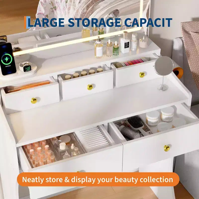 Tavolo da Trucco con Specchio e Sedia, 5 Cassetti, Supporto per Asciugacapelli, Sgabello Imbottito per Camera da Letto