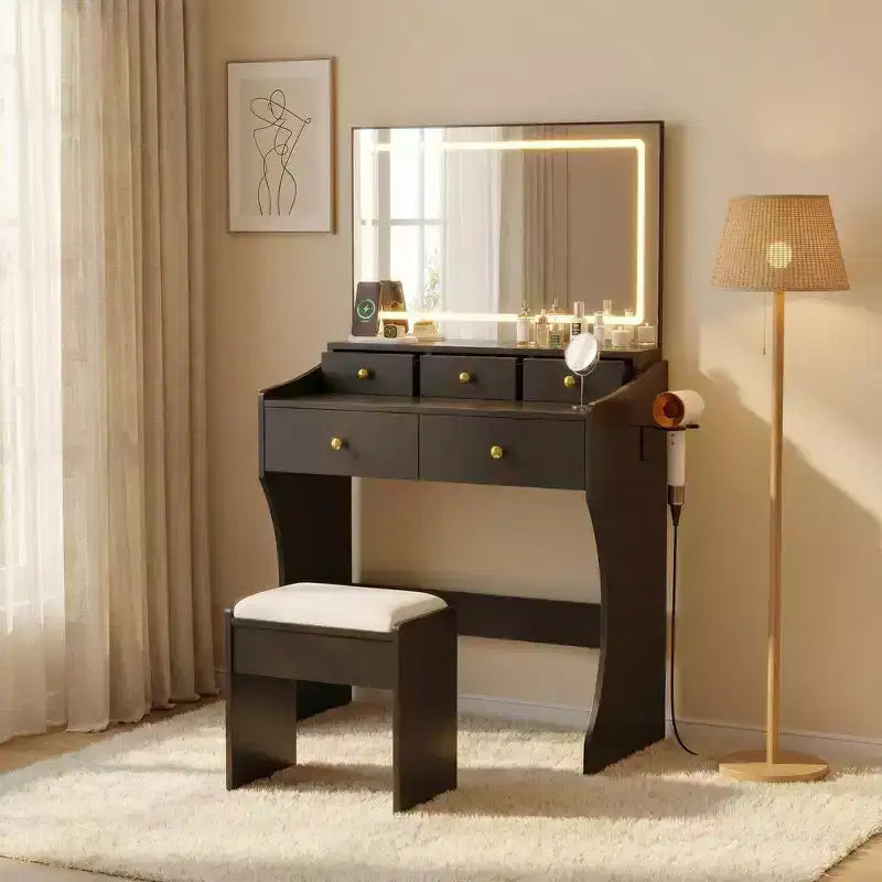 Tavolo da Trucco con Specchio e Sedia, 5 Cassetti, Supporto per Asciugacapelli, Sgabello Imbottito per Camera da Letto