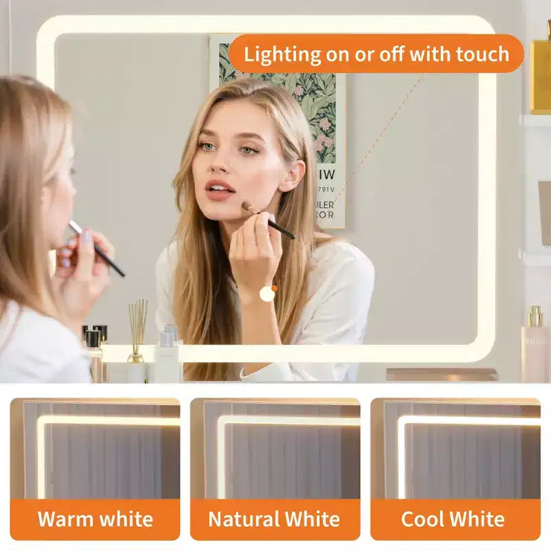 Tavolo da Trucco con Specchio e Sedia, 5 Cassetti, Supporto per Asciugacapelli, Sgabello Imbottito per Camera da Letto