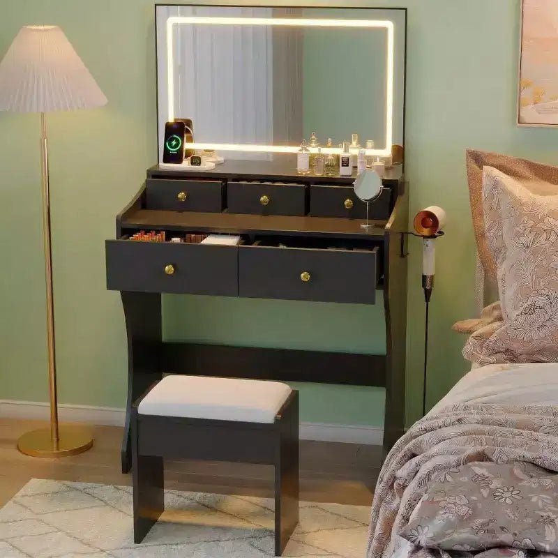 Tavolo da Trucco con Specchio e Sedia, 5 Cassetti, Supporto per Asciugacapelli, Sgabello Imbottito per Camera da Letto