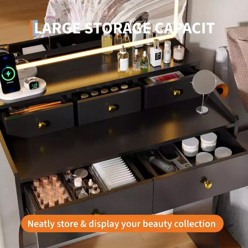 Tavolo da Trucco con Specchio e Sedia, 5 Cassetti, Supporto per Asciugacapelli, Sgabello Imbottito per Camera da Letto
