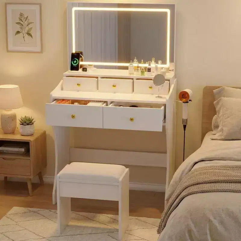 Tavolo da Trucco con Specchio e Sedia, 5 Cassetti, Supporto per Asciugacapelli, Sgabello Imbottito per Camera da Letto