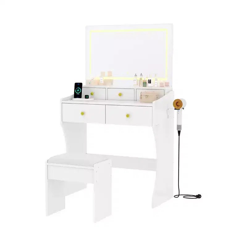 Tavolo da Trucco con Specchio e Sedia, 5 Cassetti, Supporto per Asciugacapelli, Sgabello Imbottito per Camera da Letto