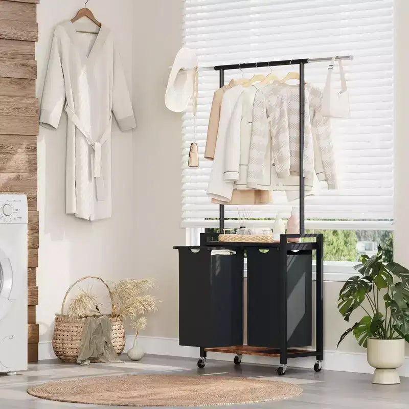 Carrello Portabiancheria con Rotelle a 2/3/4 Sezioni con Cesto per Panni Sporchi, Carrello Portabiancheria Pesante con Appendiabiti e Cesti Inferiori per Camera da Letto, Lavanderia e Dormitorio