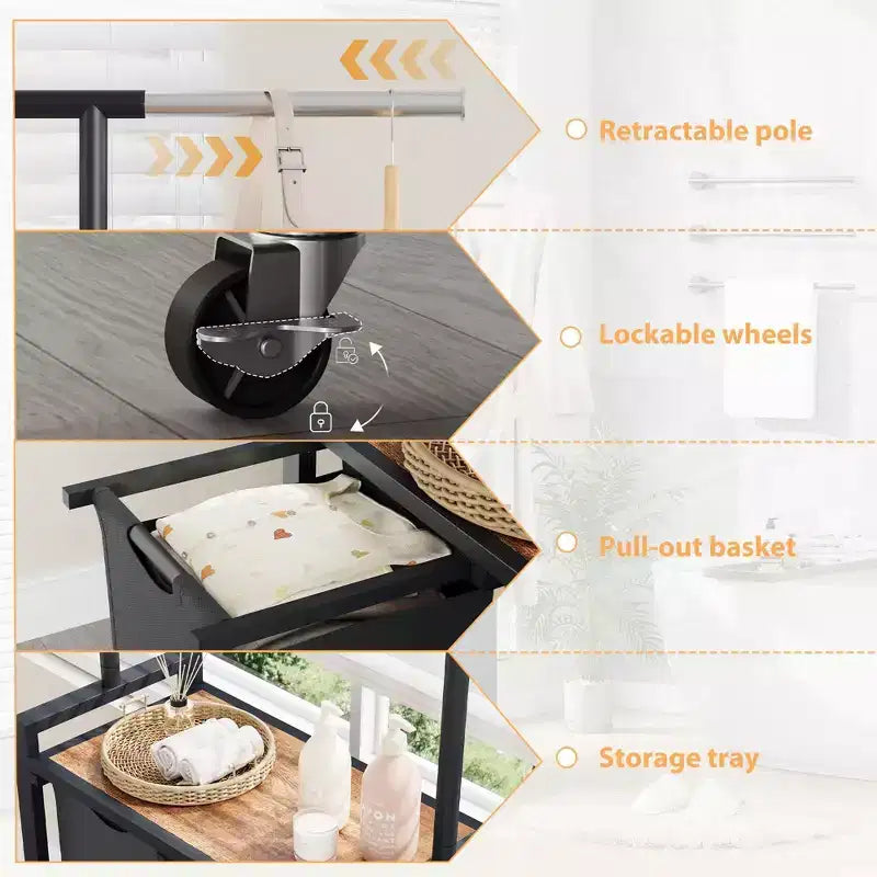 Carrello Portabiancheria con Rotelle a 2/3/4 Sezioni con Cesto per Panni Sporchi, Carrello Portabiancheria Pesante con Appendiabiti e Cesti Inferiori per Camera da Letto, Lavanderia e Dormitorio