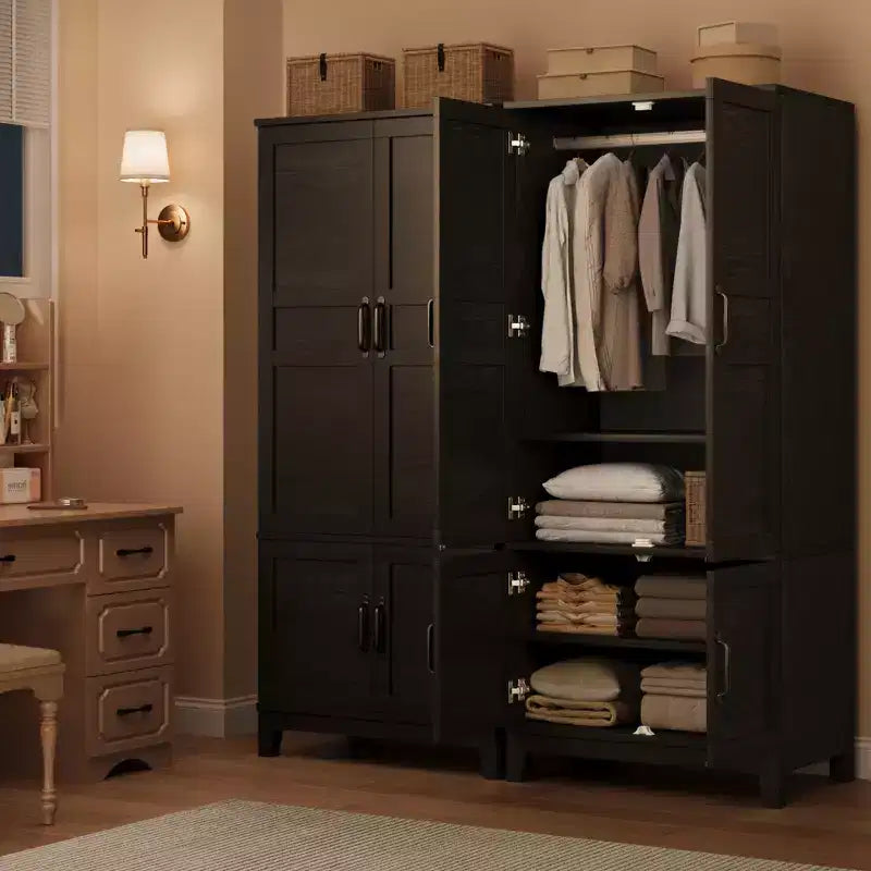 Armadio Moderno in Legno Alto 72", 4 Ante, 18 Ripiani Regolabili e Asta Appendiabiti, Armadio Autoportante per Camera da Letto