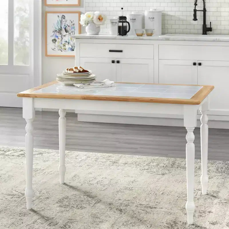 Tavolo da Pranzo con Piano in Piastrelle Stile Rustico Bianco/Naturale: Struttura Moderna in Legno di Gomma, 4 Posti, Non Allungabile