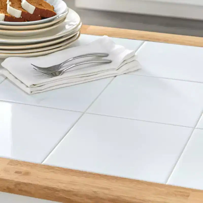 Tavolo da Pranzo con Piano in Piastrelle Stile Rustico Bianco/Naturale: Struttura Moderna in Legno di Gomma, 4 Posti, Non Allungabile