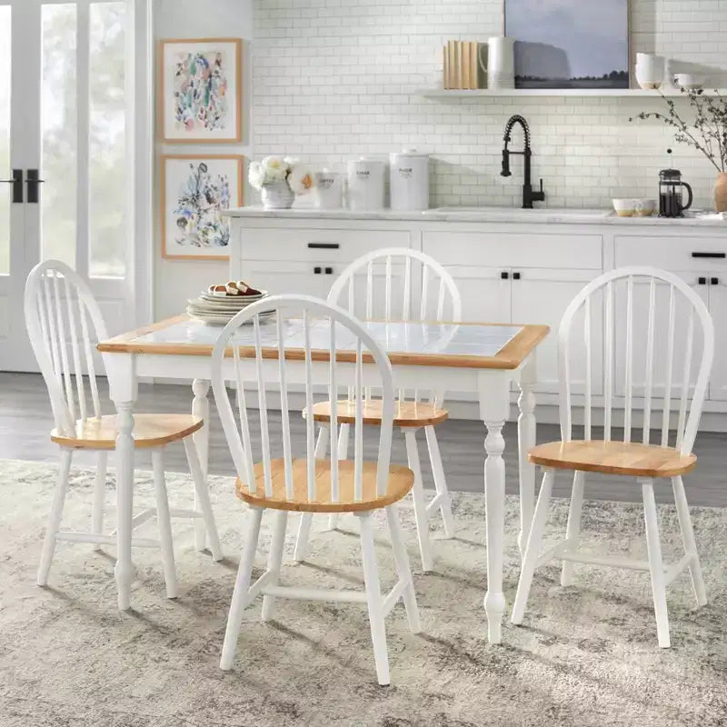 Tavolo da Pranzo con Piano in Piastrelle Stile Rustico Bianco/Naturale: Struttura Moderna in Legno di Gomma, 4 Posti, Non Allungabile