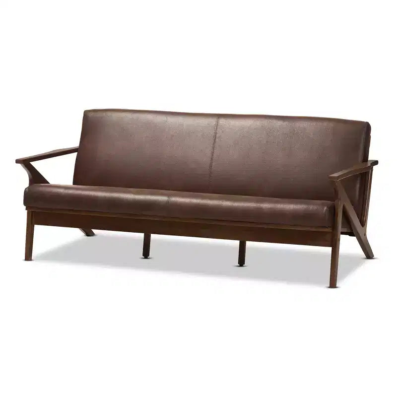 Bianca Mid-Modern Walnut Wood Distressed Faux Leather 3 Seater Sofa Dark Brown - Baxton Studio: Rubberwood Frame, Vintage Style