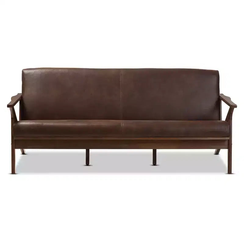 Divano a 3 posti in noce stile Mid-Modern con ecopelle anticata marrone scuro - : Struttura in legno di gomma, Stile vintage