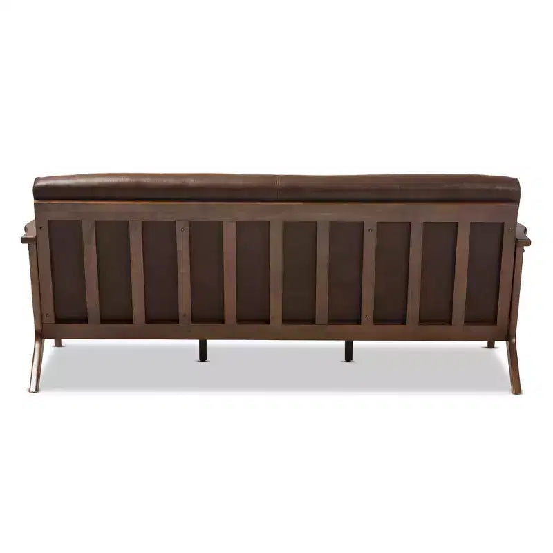 Divano a 3 posti in noce stile Mid-Modern con ecopelle anticata marrone scuro - : Struttura in legno di gomma, Stile vintage