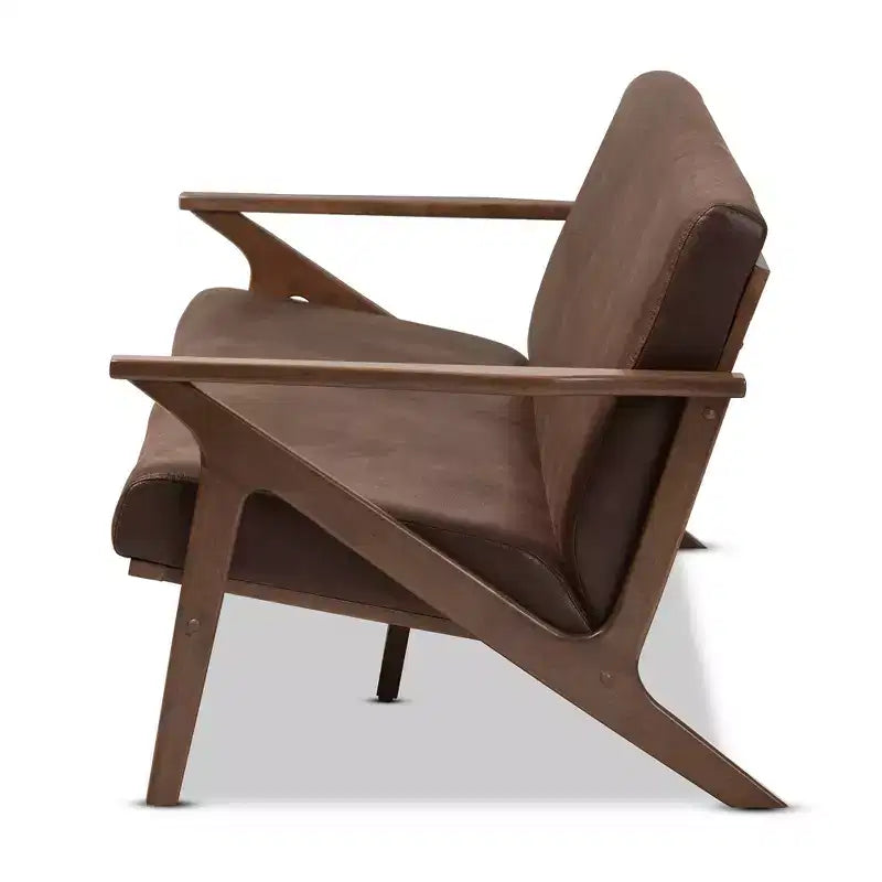 Divano a 3 posti in noce stile Mid-Modern con ecopelle anticata marrone scuro - : Struttura in legno di gomma, Stile vintage