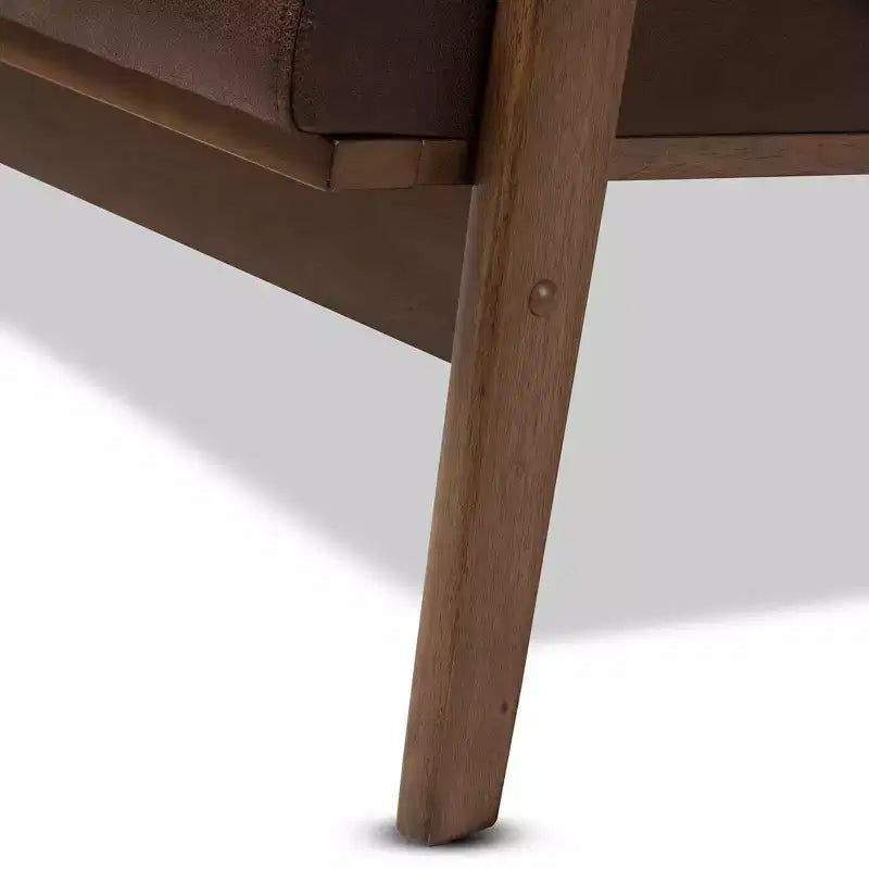 Divano a 3 posti in noce stile Mid-Modern con ecopelle anticata marrone scuro - : Struttura in legno di gomma, Stile vintage