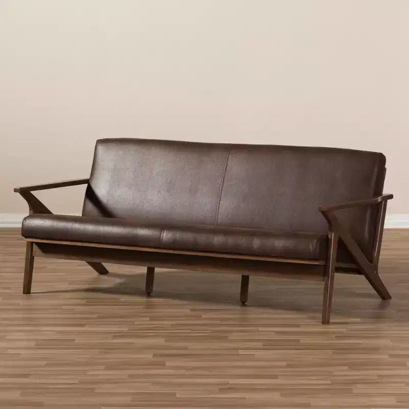 Divano a 3 posti in noce stile Mid-Modern con ecopelle anticata marrone scuro - : Struttura in legno di gomma, Stile vintage