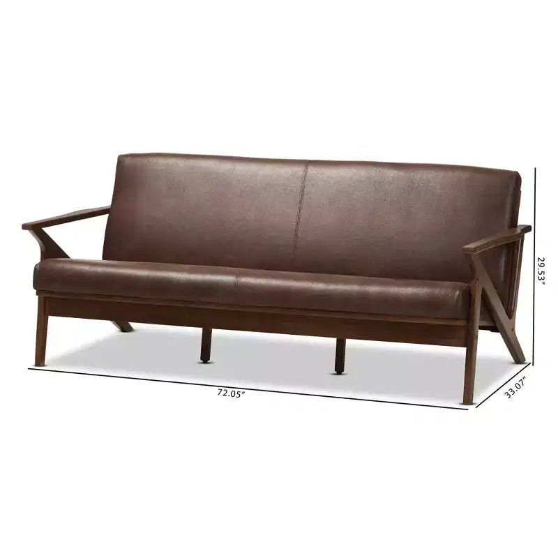 Divano a 3 posti in noce stile Mid-Modern con ecopelle anticata marrone scuro - : Struttura in legno di gomma, Stile vintage