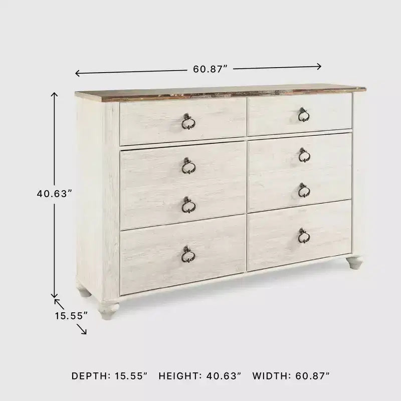 Comò Willowton Crema - : Cassettiera a 6 cassetti per camera da letto, impiallacciatura in legno, conforme agli standard ASTM