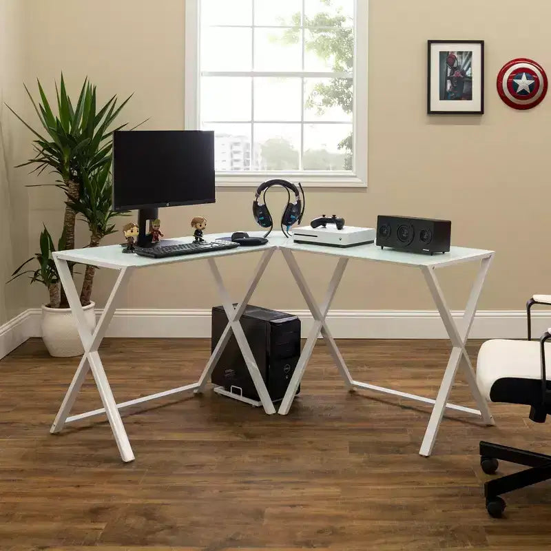 Modern Glass L Shaped Gaming Computer Desk White -