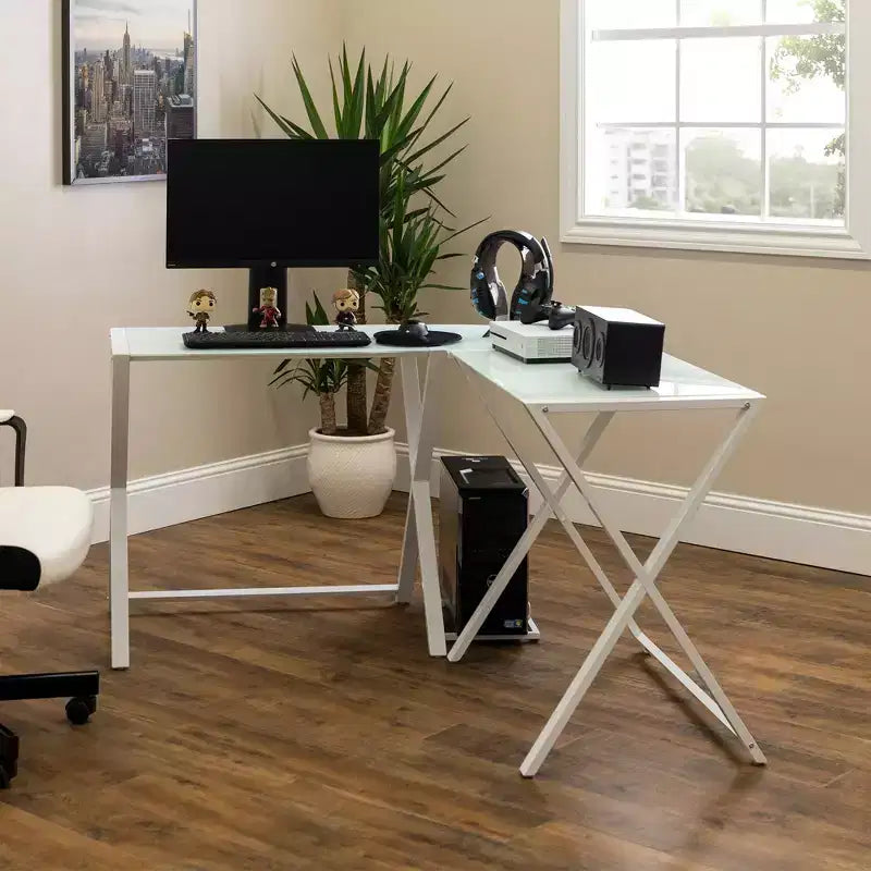 Modern Glass L Shaped Gaming Computer Desk White -