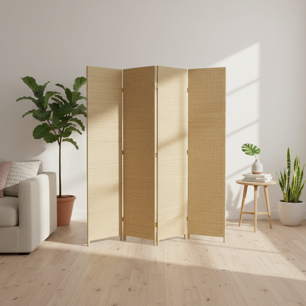 6 ft. Tall Rush Grass Woven Room Divider - Natural (4 Panels)