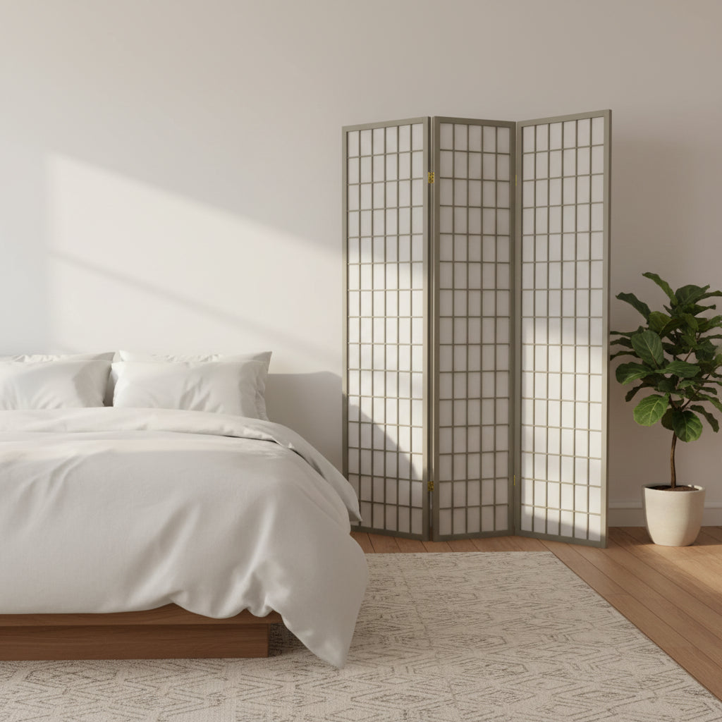 Oriental Furniture 6' Tall 4 Panel Window Pane Special Edition Gray: Privacy Screen, Light Filtering