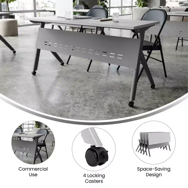 Tavolo da addestramento ribaltabile per impieghi gravosi con design impilabile, pannello per la privacy, gambe a Y, piano del tavolo, struttura in metallo