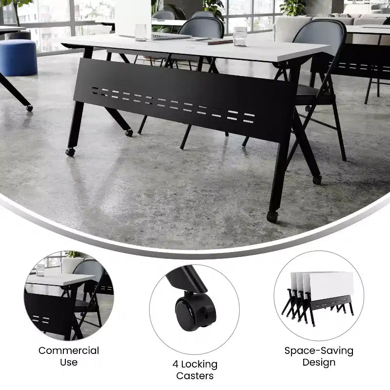Tavolo da addestramento ribaltabile per impieghi gravosi con design impilabile, pannello per la privacy, gambe a Y, piano del tavolo, struttura in metallo