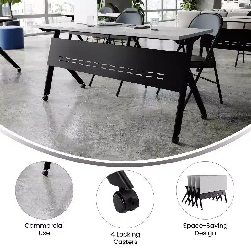 Tavolo da addestramento ribaltabile per impieghi gravosi con design impilabile, pannello per la privacy, gambe a Y, piano del tavolo, struttura in metallo