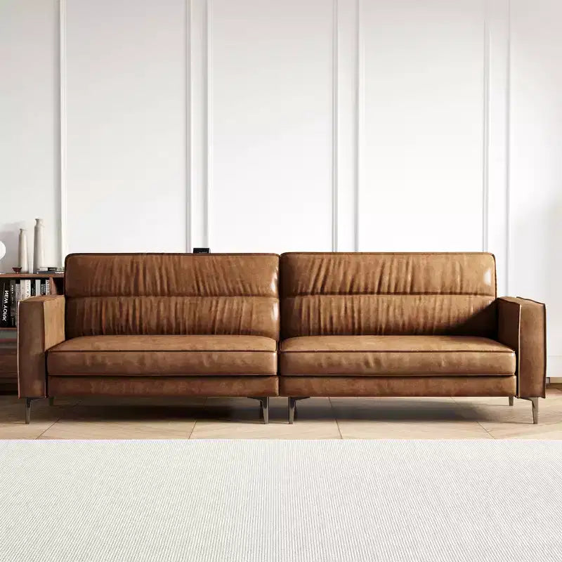 Divano moderno di lusso in pelle oliata marrone da 220 cm, divano vintage di alta gamma con struttura robusta e sensazione accogliente.