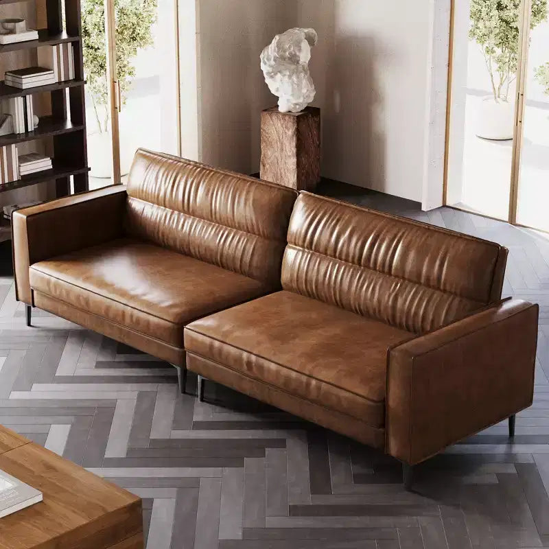 Divano moderno di lusso in pelle oliata marrone da 220 cm, divano vintage di alta gamma con struttura robusta e sensazione accogliente.