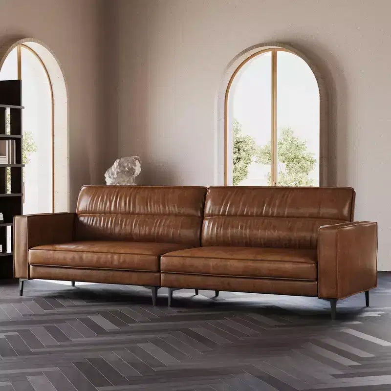 Divano moderno di lusso in pelle oliata marrone da 220 cm, divano vintage di alta gamma con struttura robusta e sensazione accogliente.