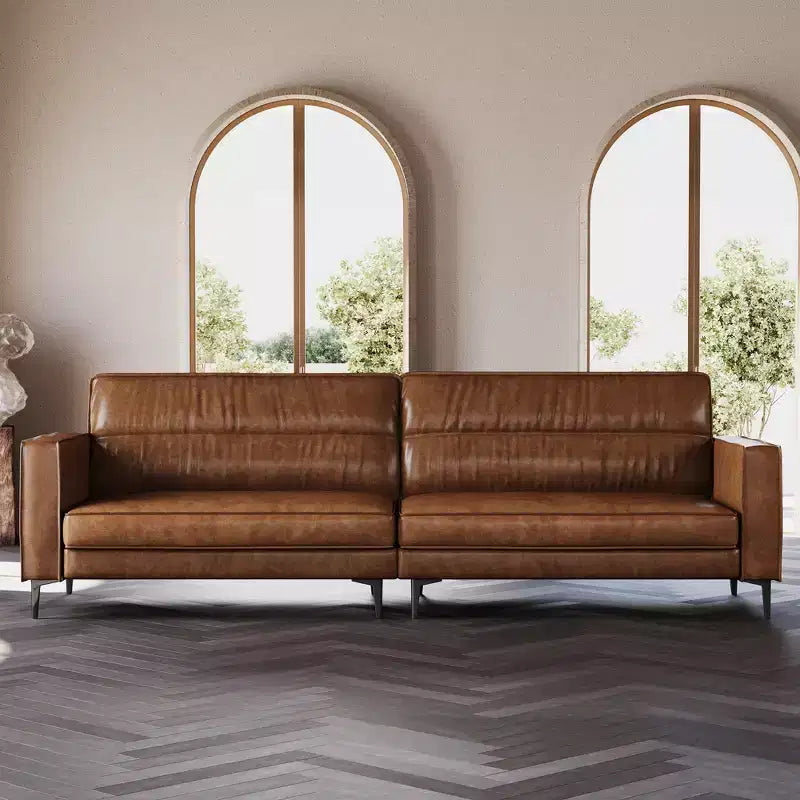 Divano moderno di lusso in pelle oliata marrone da 220 cm, divano vintage di alta gamma con struttura robusta e sensazione accogliente.