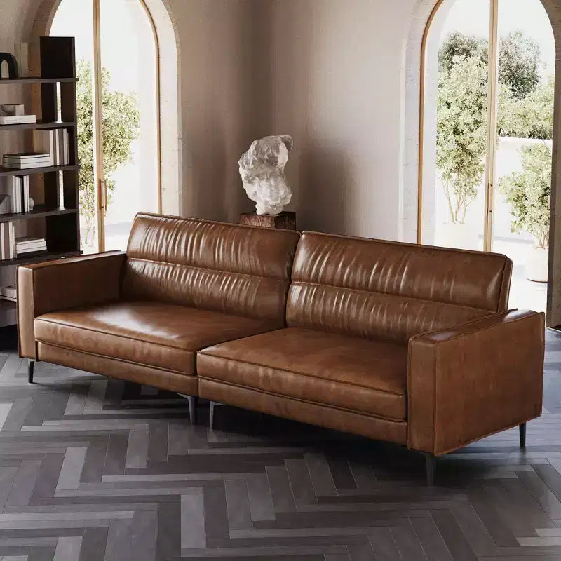 Divano moderno di lusso in pelle oliata marrone da 220 cm, divano vintage di alta gamma con struttura robusta e sensazione accogliente.