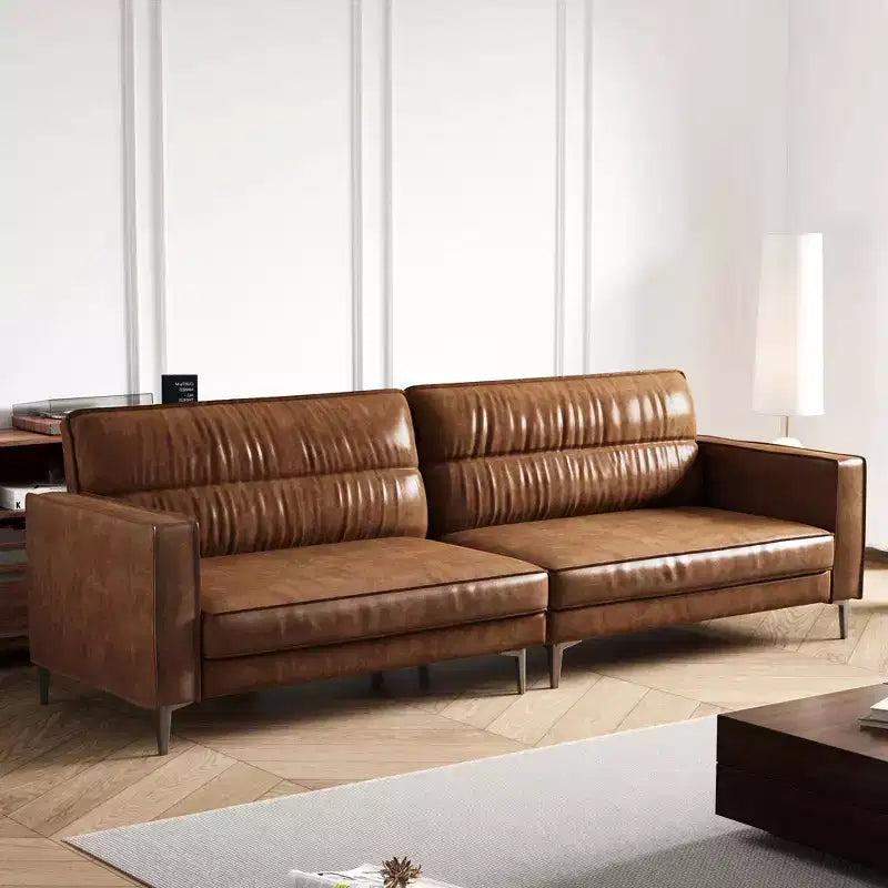 Divano moderno di lusso in pelle oliata marrone da 220 cm, divano vintage di alta gamma con struttura robusta e sensazione accogliente.