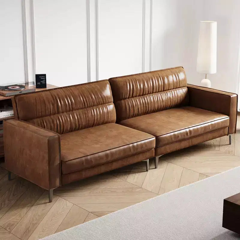 Luck Live Modern 86.61 inch Luxury Brown Oil Wax Leather Couch  High-End Vintage Sofa with Sturdy Frame and Cozy Feel.