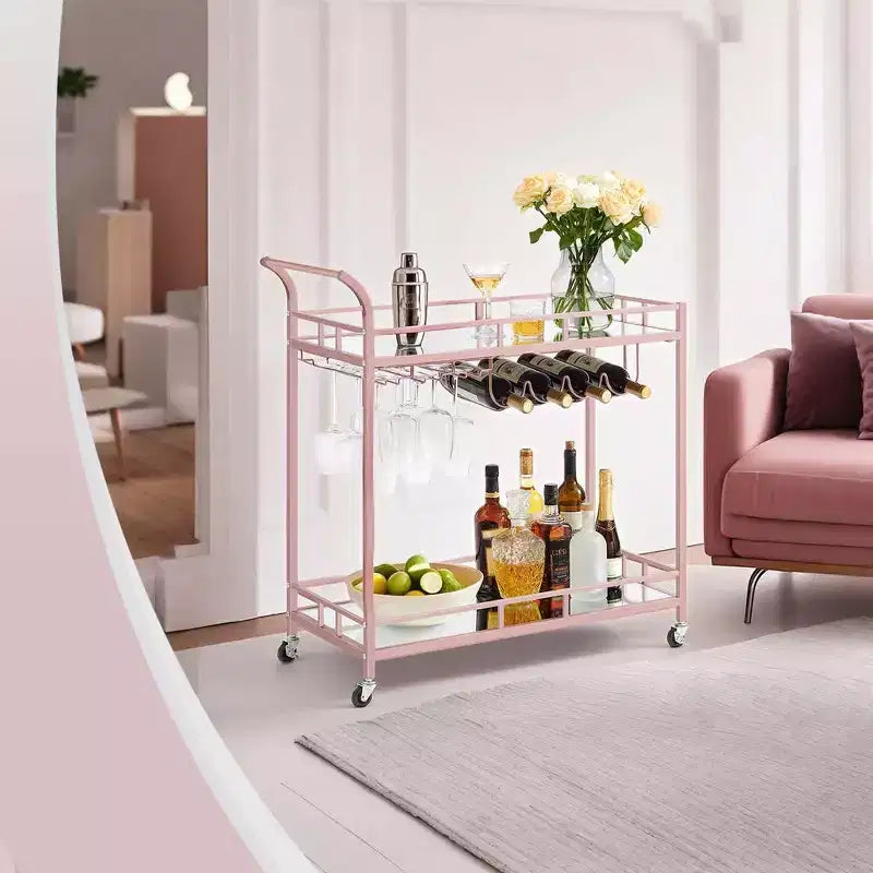 Carrello Bar, Carrello Bar da Servizio per la Casa, Carrello Porta Vino con 2 Ripiani a Specchio, Porta Bottiglie, Porta Bicchieri, Per Cucina, Sala da Pranzo