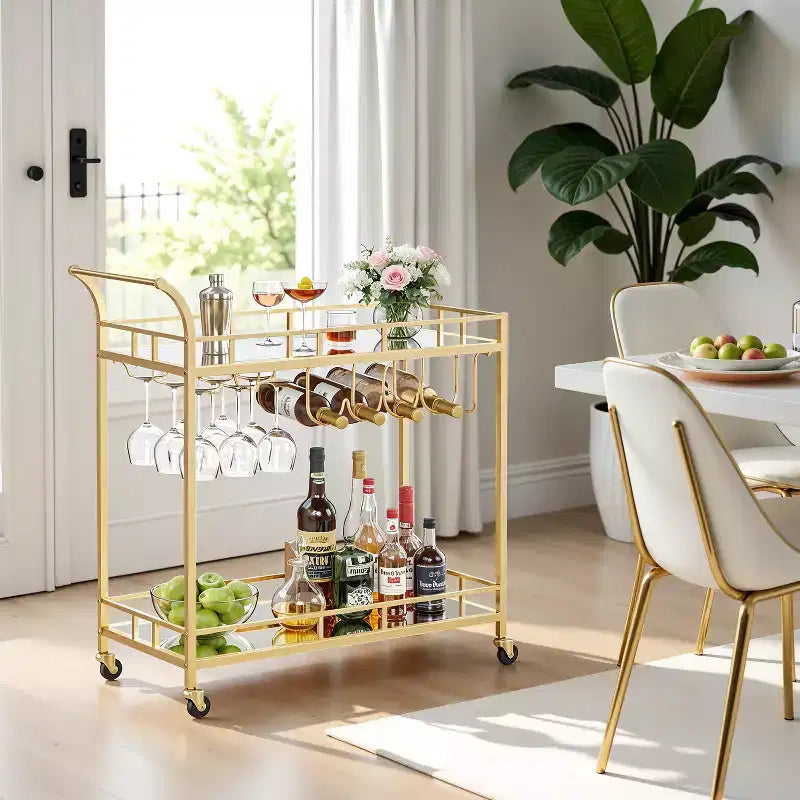 Carrello Bar, Carrello Bar da Servizio per la Casa, Carrello Porta Vino con 2 Ripiani a Specchio, Porta Bottiglie, Porta Bicchieri, Per Cucina, Sala da Pranzo