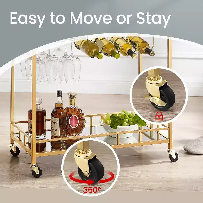 Carrello Bar, Carrello Bar da Servizio per la Casa, Carrello Porta Vino con 2 Ripiani a Specchio, Porta Bottiglie, Porta Bicchieri, Per Cucina, Sala da Pranzo