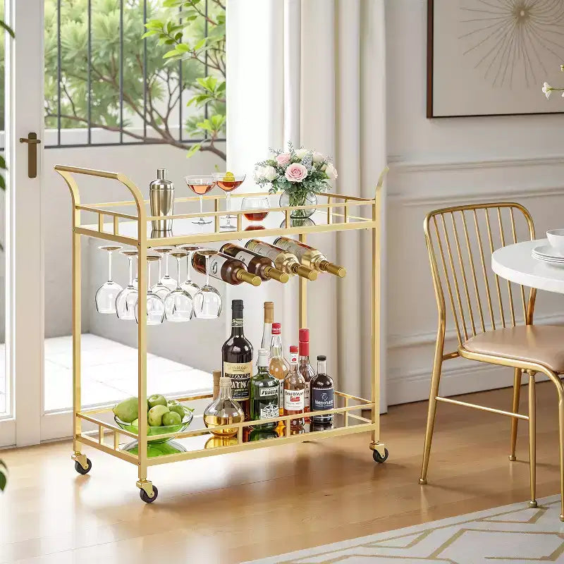 Bar Cart , Home Bar Serving Cart, Wine Cart With 2 Mirrored Shelves, Wine Holders, Glass Holders, For Kitchen, Dining Room