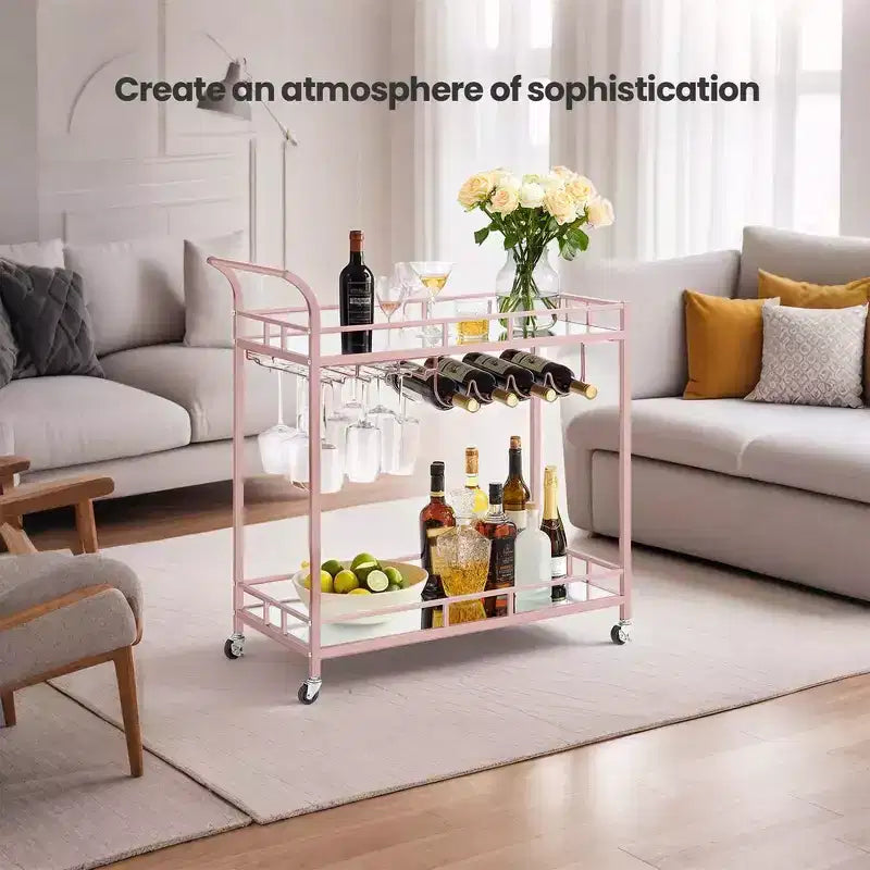 Carrello Bar, Carrello Bar da Servizio per la Casa, Carrello Porta Vino con 2 Ripiani a Specchio, Porta Bottiglie, Porta Bicchieri, Per Cucina, Sala da Pranzo