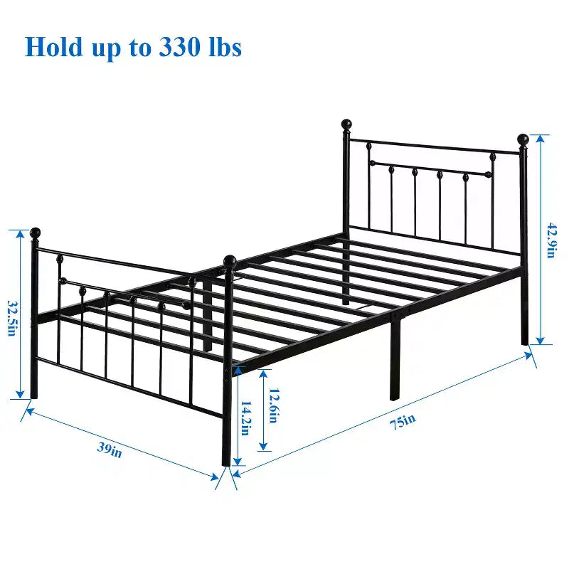 Struttura Letto a Piattaforma Matrimoniale/Doppia/Queen Size in Metallo con Testiera e Pediera, Telaio Letto Industriale, Nessuna Rete a Molle Necessaria, Spazio di Archiviazione